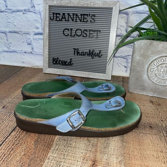 SAS Blue And Green Sanibel T-Strap Slide Leather Sandals. Size 11. - Picture 1 of 10